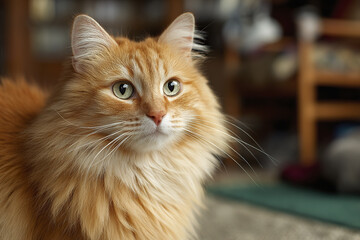 Fluffy orange cat with green eyes indoors, soft fur and attentive expression, cozy home environment with blurred background creating warm atmosphere
