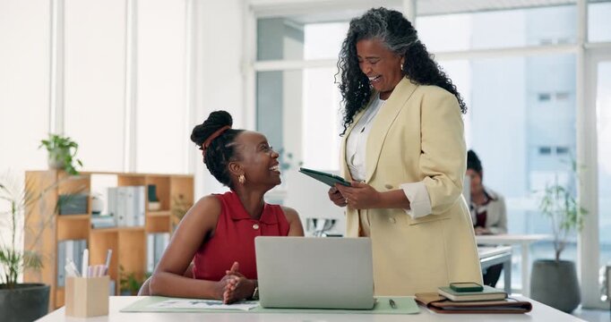 Laptop, high five and businesswoman with manager in office for feedback on creative project. Discussion, tech and female magazine editor with supervisor for advice on article publishing in workplace.