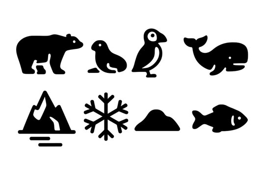 Polar Wildlife Icons. Polar wildlife. Filled icon set of Polar wildlife: polar bear, seal, puffin, whale,
