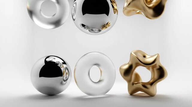 Minimalist arrangement of glossy silver, matte frosted, and gold metallic geometric shapes