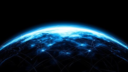 Glowing blue globe with interconnected lines represents global connectivity and technology