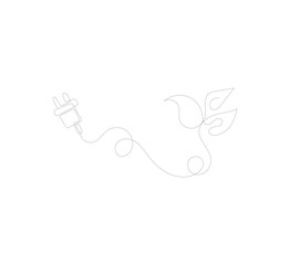 Naklejka premium image of Electric plug and leaf in one continuous line. Green energy concept that focuses on renewable power.go green logo illustration