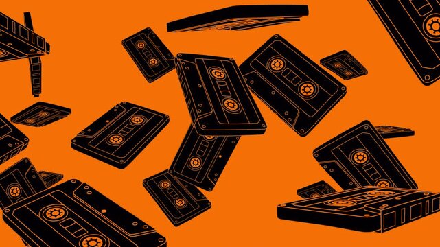 Black stroke outline cartoon 3d animation of music cassete tapes floating from left to right. Retro mixtapes flying and rotating background. Seamless loop