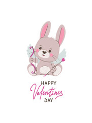 Obraz premium Vector illustration of an adorable bunny with wings holding a bow and arrow, symbolizing love and affection, with Happy Valentine s Day text. Perfect for Valentine-themed projects.