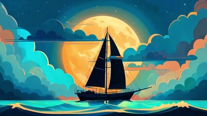 Silhouette of a majestic sailboat navigating dark ocean waves under a massive glowing orange full moon surrounded by dramatic clouds - Powered by Adobe