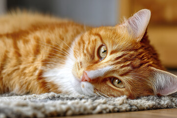 Relaxed ginger cat lying comfortably on soft textured rug indoors with warm natural light highlighting its fur and calm expression in cozy home setting