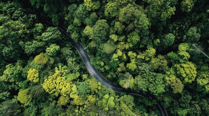 Fototapeta premium Aerial View of Lush Green Forest with Winding Road, Captured on Sunny Day