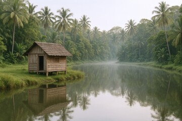 Fototapeta premium Idyllic Tropical Hut Retreat by Tranquil River Surrounded by Palm Trees and Lush Greenery