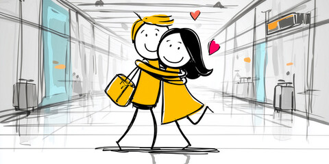 Happy Stick Figure Couple Hugging at Airport Terminal