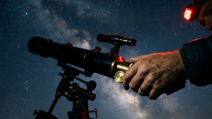 Astronomer Adjusting Telescope Under Starry Night Sky.