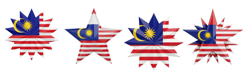 Set of four Malaysia flag stars, patriotic national symbols, Malaysia star shape decorations, isolated on white background, 3D render, holiday PNG.