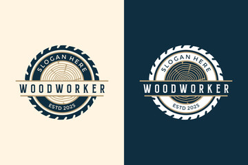 Professional Woodworker Emblem - Circular Saw Blade and Tree Rings Logo