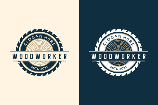 Professional Woodworker Emblem - Circular Saw Blade and Tree Rings Logo