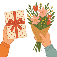 hands holding gift and flowers