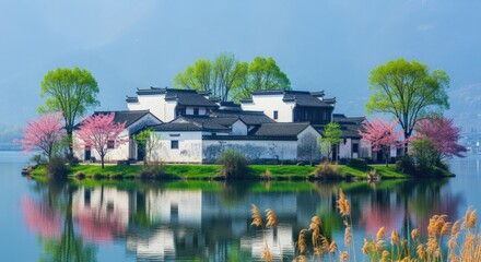 Obraz premium Idyllic Chinese Village in Spring: Serene Landscape with Traditional Architecture Reflected in Calm Lake Waters