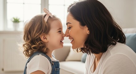 Smiling mother and daughter touching noses in a bright, sunlit living room