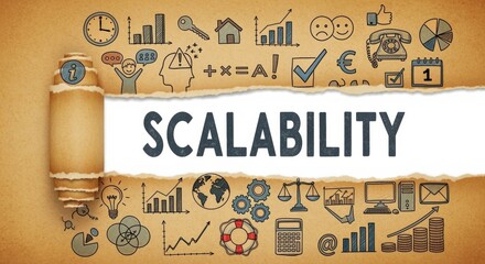 Scalability concept illustration depicting growth, planning, financial analysis and future success for business strategy on riped paper background