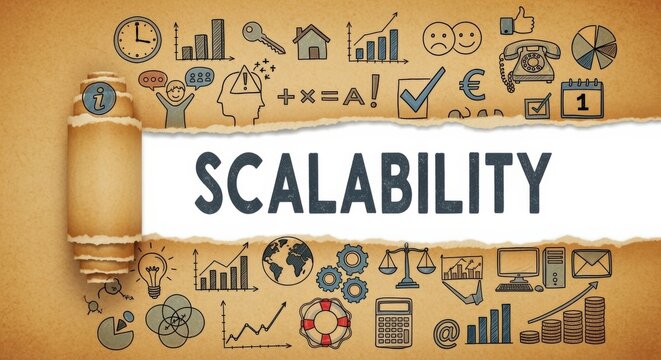 Scalability concept illustration depicting growth, planning, financial analysis and future success for business strategy on riped paper background - Powered by Adobe