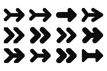 A collection of twelve diverse black arrow icons, showcasing a variety of shapes and styles, arranged in three rows of four, perfect for user interface design and navigation elements.