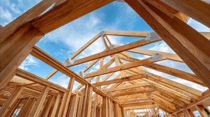 Fototapeta premium Wooden House Framing Construction with Blue Sky: Structural Engineering and Residential Building Concept