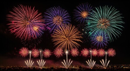Fototapeta premium Brilliant Fireworks Display Exploding in the Night Sky Creating Colorful Celebratory Event Backdrop