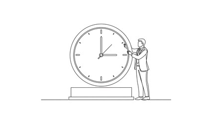 A businessman adjusts a giant clock, symbolizing time management and control over schedule