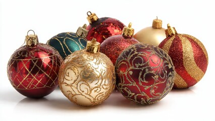 Group of luxurious Christmas baubles decorations in rich red, shimmering gold, and deep green colors, featuring glitter patterns on a crisp white background. Holiday season concept.