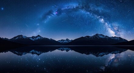 Obraz premium Milky Way Galaxy Reflected in Still Lake Waters with Mountain Silhouette in the Background, Night Sky