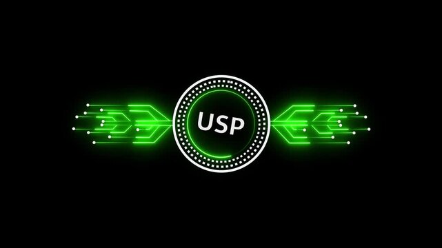 USP &ndash; Unique Selling Proposition. Digital Data moving on Circuit Board and CPU .  USP concept head up display (HUD UI) panel and futuristic technology abstract background internet of things concepts.