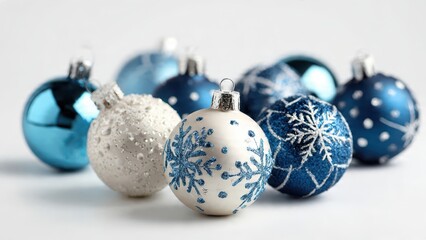 Elegant blue and white Christmas baubles with sparkling snowflake patterns arranged on a bright background. Festive winter holiday decorations, clean studio shot, focus on foreground detail.