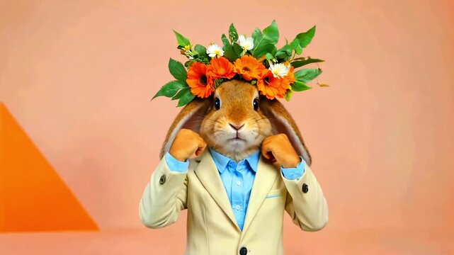 Anthropomorphic rabbit wearing a beige suit and vibrant floral crown adjusts headpiece against a soft peach background in whimsical portraiture