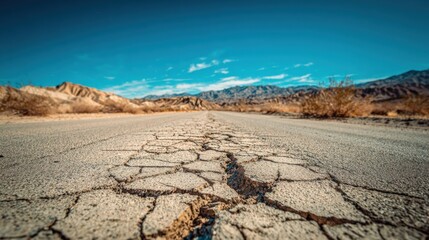 Obraz premium Cracked Asphalt Road Stretching Through Arid Desert Landscape Under a Clear Blue Sky on Sunny Day