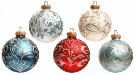 Five highly decorative Christmas baubles, featuring red, blue, and silver colors with elegant baroque scrollwork, isolated holiday decoration on white background