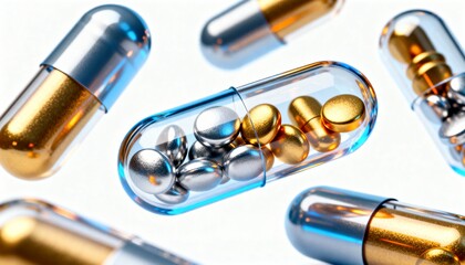 Naklejka premium Colorful capsules filled with shiny metallic pills are scattered against a bright background, showcasing the vibrant textures and forms of pharmaceutical products in a dynamic arrangement