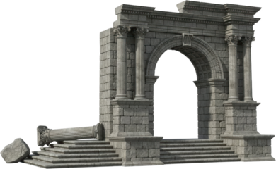 Ancient stone ruin featuring a grand triumphal arch with detailed Corinthian columns standing above weathered stone steps and fallen masonry fragments Architecture Monument Classical