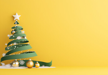 Green decorative ribbon shaped like a Christmas tree with ornaments and snow on a solid mustard yellow background, creating a modern festive holiday design for seasonal branding.