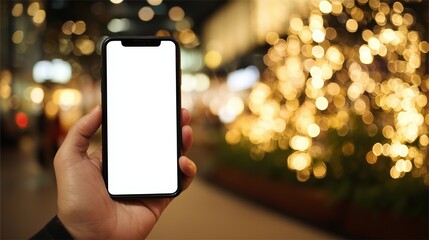 A close-up shot of hand holding a black smartphone with a blank white screen. The hand and phone are in sharp focus, set against a softly blurred background of warm, golden bokeh lights 