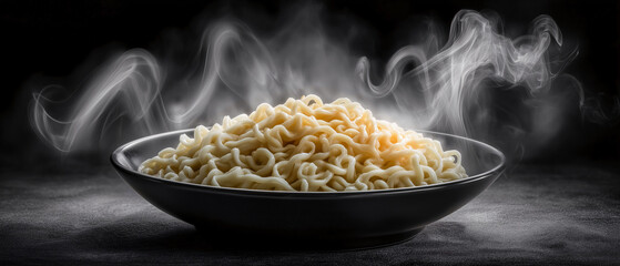Steaming Noodles A captivating image features a steaming bowl of delicious noodles, inviting the viewer with its inviting aroma and simple elegance. 