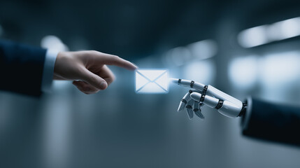 The future of digital communication comes alive, a human hand and a robotic hand interact to symbolize the seamless exchange of ideas and information via an email.