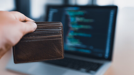 A person is holding a leather wallet, with blurred code-filled laptop screen in the background, this photo symbolizes concepts of online transactions, digital finance, or technological integration.