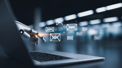 A robot arm extends from a laptop screen, sending a flurry of digital mail icons against the backdrop of a futuristic interface. Embodying technological advancement and innovative communication.