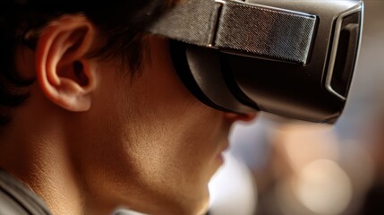 A close-up of a person wearing virtual reality goggles, immersed in an engaging digital experience, showcasing modern technology.