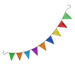 A colorful string of triangular pennant flags in various bright colors, strung together for decoration.
