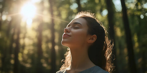 Woman Practicing Mindfulness Amidst Dappled Sunlight in Lush Forest | Nature Connection and Spiritual Renewal | Peace, Vitality, and Rejuvenation

