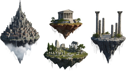 Collection of four distinct stone floating islands featuring a tall cityscape a classical temple ancient ruins and weathered standing columns isolated on black stone islands fantasy