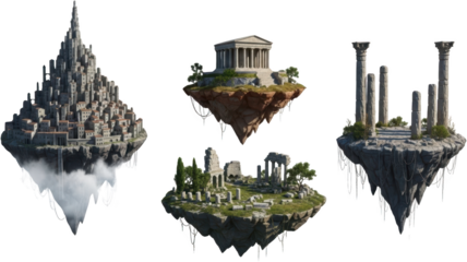 Collection of four distinct stone floating islands featuring a tall cityscape a classical temple ancient ruins and weathered standing columns isolated on black stone islands fantasy