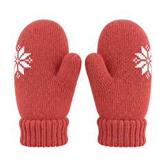 A pair of knitted red mittens with white snowflake patterns on a white background.