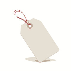 A blank, off-white rectangular tag with rounded corners and a hole punched at the top, attached to a red and white string.