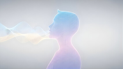 Vibrant digital human silhouette with flowing sound waves.