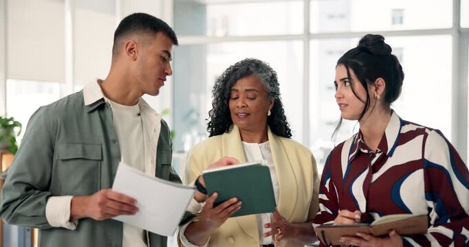 Creative, employees and people with tablet, office and plan for pr campaign, talk and collaboration. Publicists, teamwork and group with paperwork for project, info and research with tech in meeting